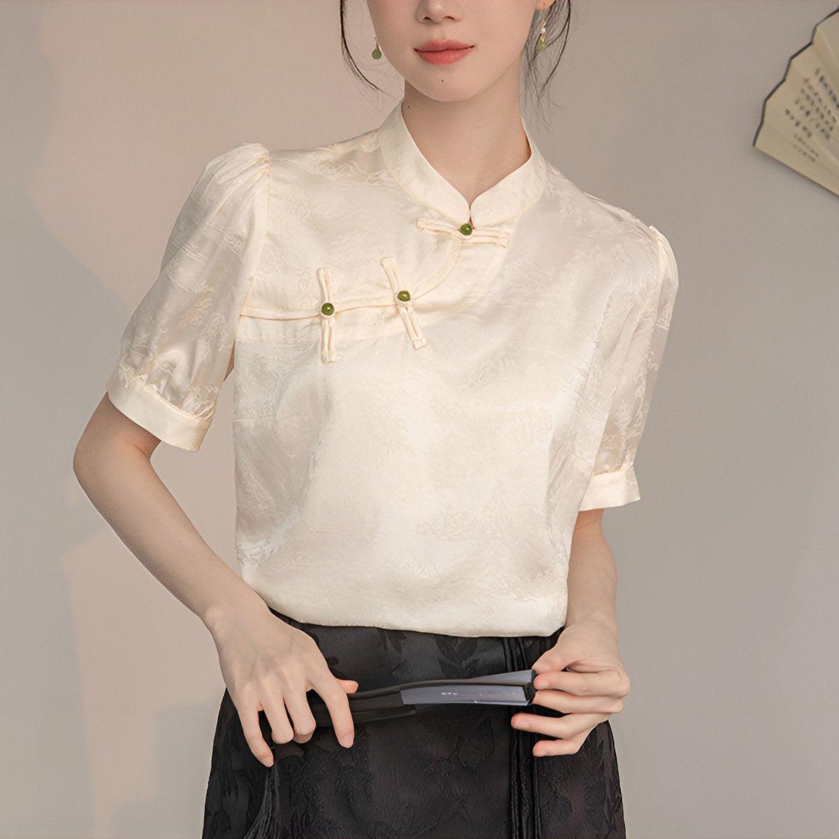 Elegant Satin Short Sleeve Blouse Women - Chinese Button Top Ivory S