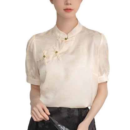 Elegant Satin Short Sleeve Blouse Women - Chinese Button Top Ivory S