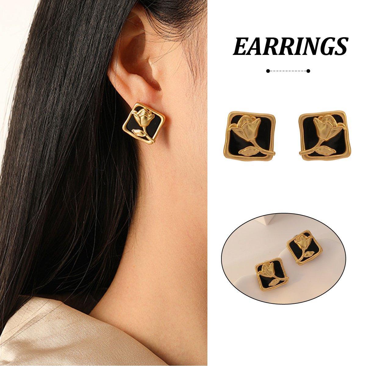 Vintage Matte Black Rose Square Stud Earrings for Elegant Fashion - SuperSaverAU - view 1