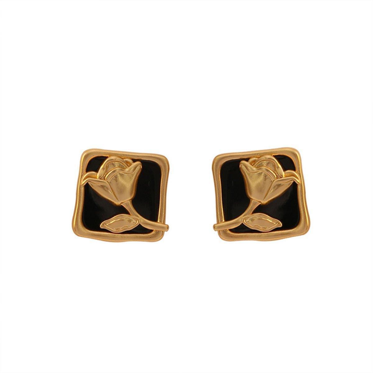 Vintage Matte Black Rose Square Stud Earrings for Elegant Fashion - SuperSaverAU - view 2