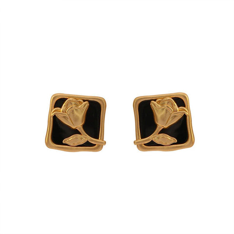 Vintage Matte Black Rose Square Stud Earrings for Elegant Fashion - SuperSaverAU - view 2