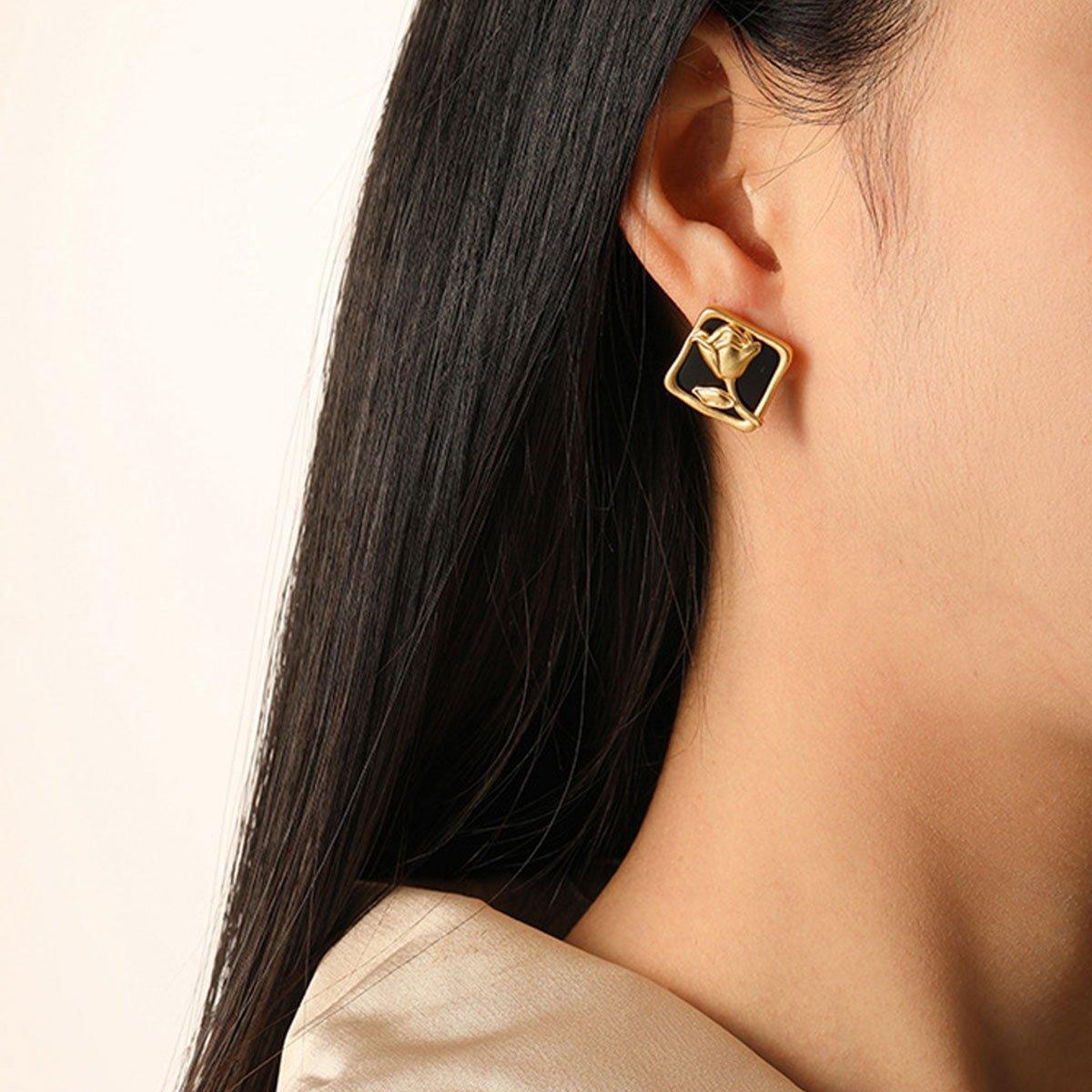 Vintage Matte Black Rose Square Stud Earrings for Elegant Fashion - SuperSaverAU - view 4