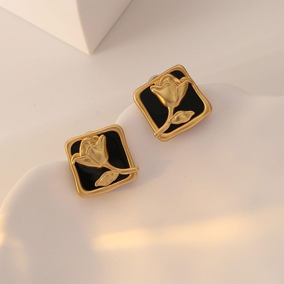 Vintage Matte Black Rose Square Stud Earrings for Elegant Fashion - SuperSaverAU - view 5