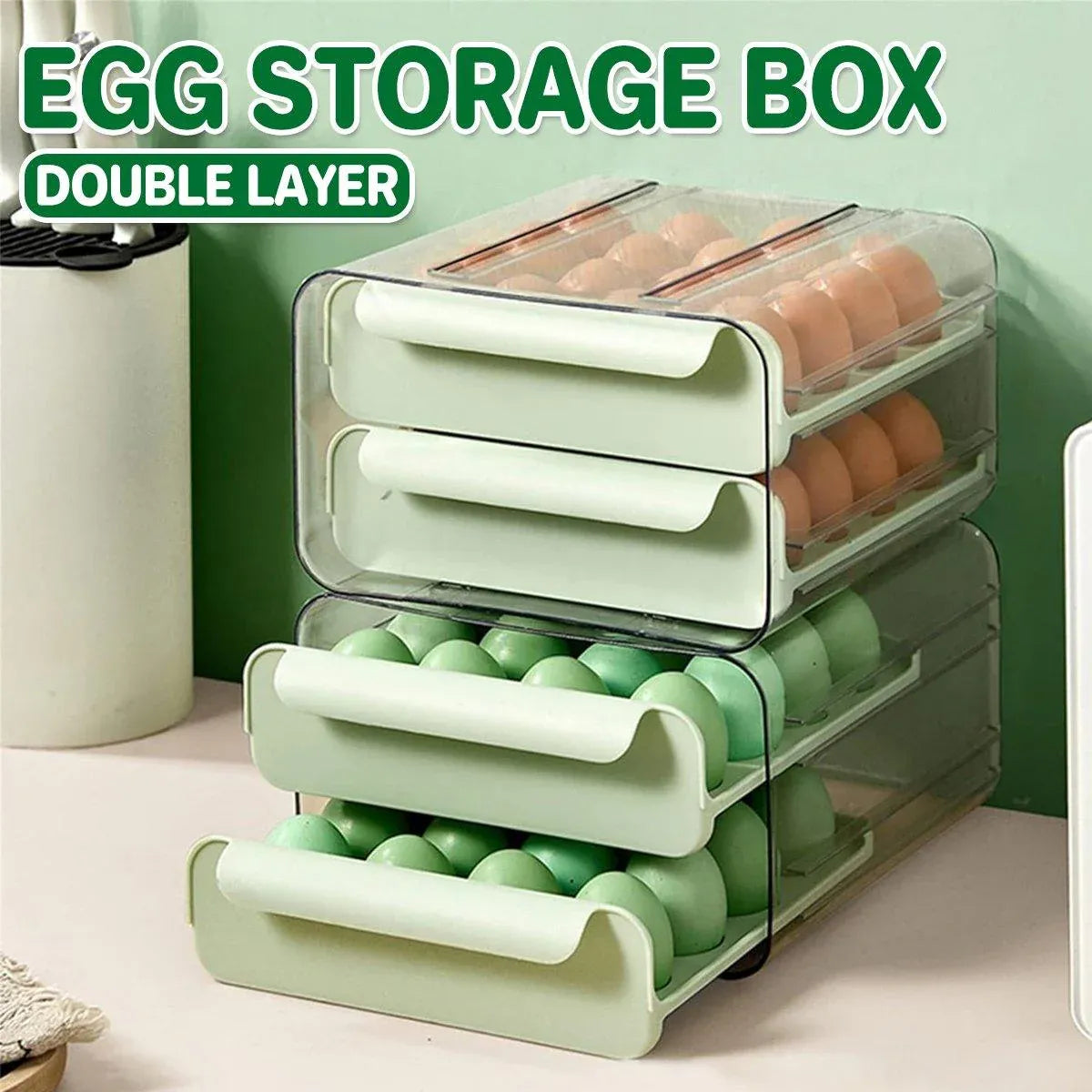 Green Double Layer Egg Storage Drawer Fridge Organizer