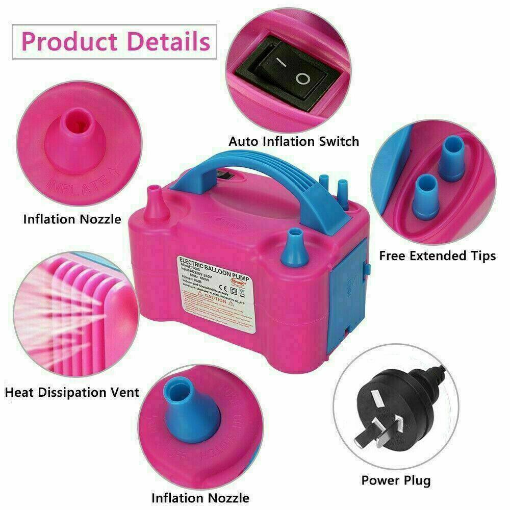 Electric Balloon Pump Ballon Inflator 600W Power 2 Nozzles Portable Au Plug Air