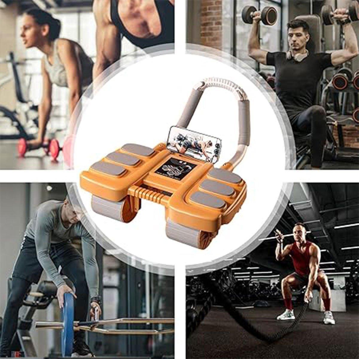 Blue Four Wheel Abdominal Roller with Elbow Support for Core Training