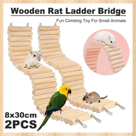 Premium Wooden Hamster Bridge Toys with Metal Hooks - 2 Pack