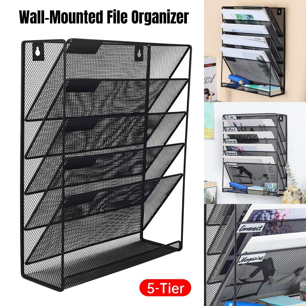 5-Tier Iron File Organiser, 15.9"H x 12.8"L x 4.1"W, Wall-Mount/Desktop, Black - SuperSaverAU - view 1