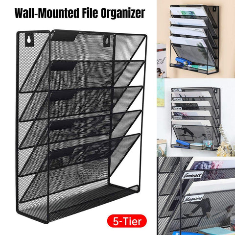 5-Tier Iron File Organiser, 15.9"H x 12.8"L x 4.1"W, Wall-Mount/Desktop, Black - SuperSaverAU - view 1