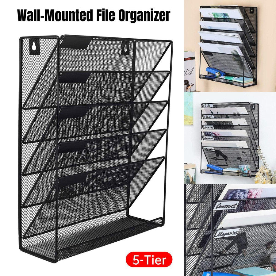 5-Tier Iron File Organiser, 15.9"H x 12.8"L x 4.1"W, Wall-Mount/Desktop, Black - SuperSaverAU - view 1