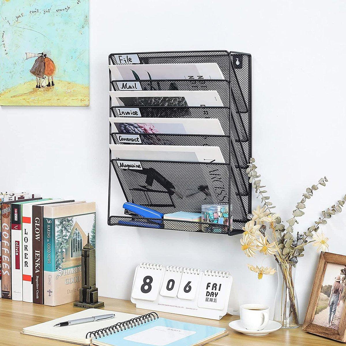 5-Tier Iron File Organiser, 15.9"H x 12.8"L x 4.1"W, Wall-Mount/Desktop, Black - SuperSaverAU - view 4