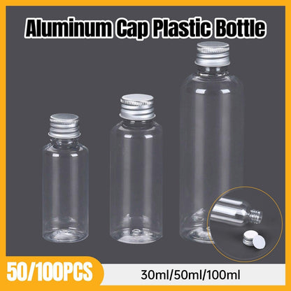 50/100pcs Clear Plastic Bottles with Aluminum Caps - 30ml Size