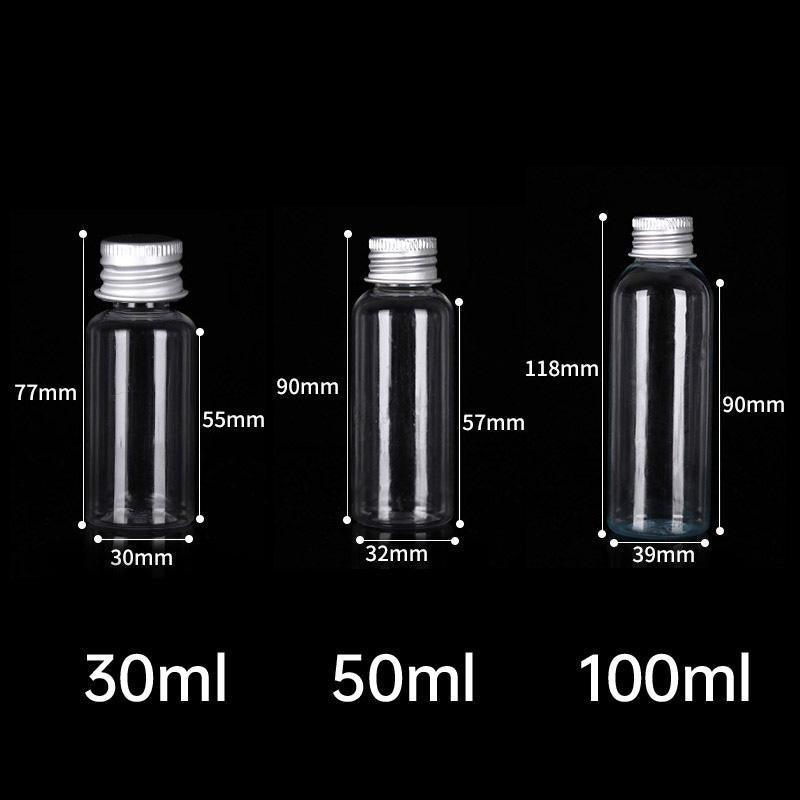 50/100pcs Clear Plastic Bottles with Aluminum Caps - 30ml Size