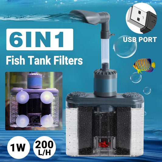 6-in-1 Aquarium Filter System, 14.5x4.5x31.9 cm, USB Powered, Adjustable Flow