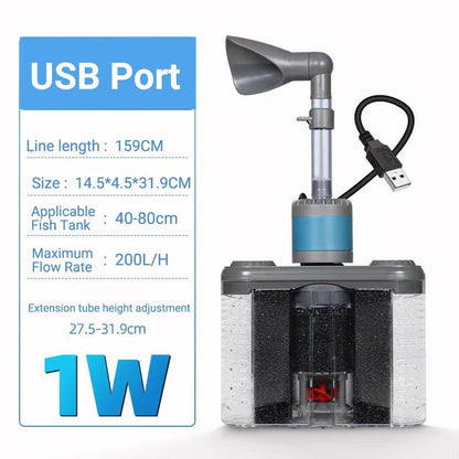 6-in-1 Aquarium Filter System, 14.5x4.5x31.9 cm, USB Powered, Adjustable Flow