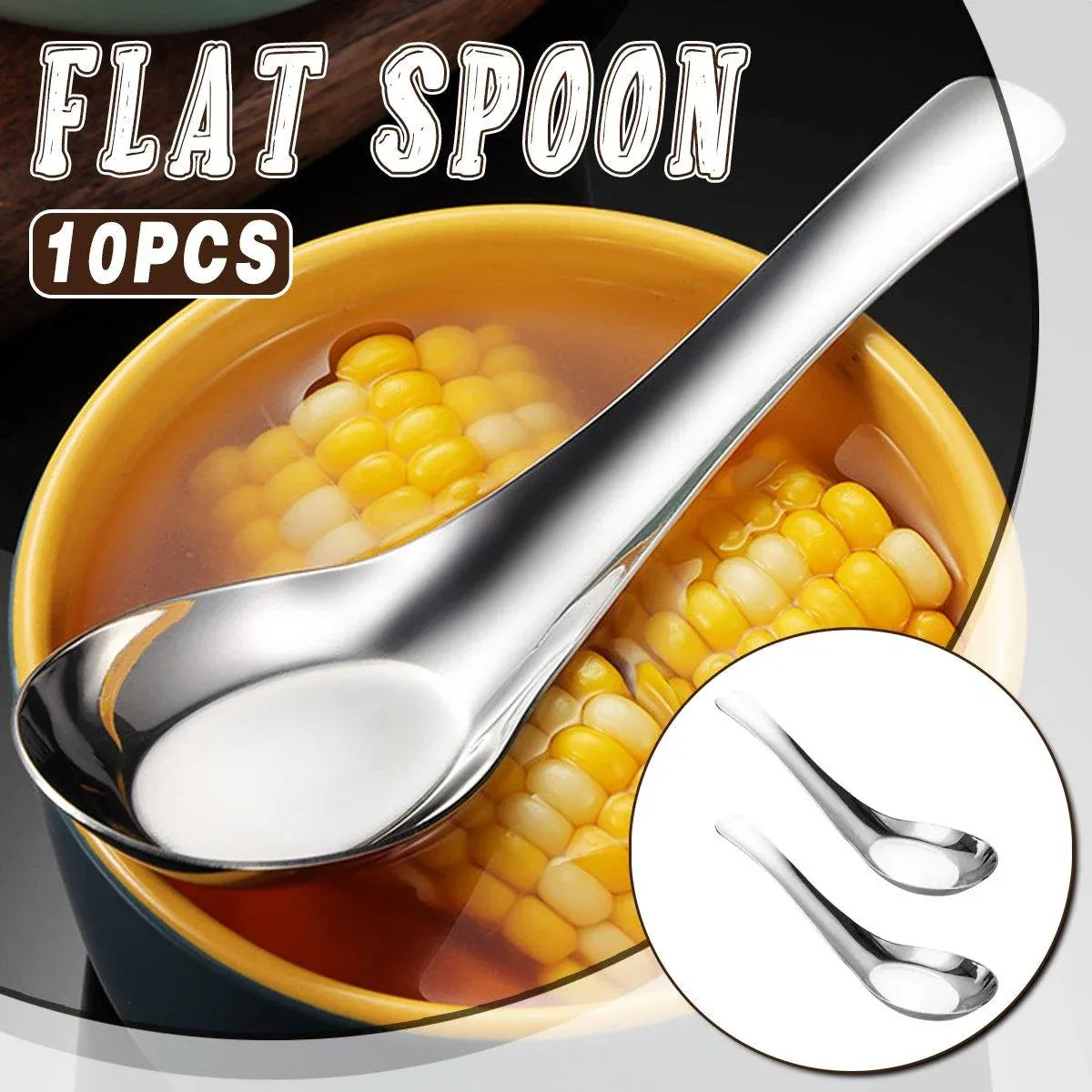 Premium SUS304 Stainless Steel Flat Bottom Soup Spoons – 10 Pack