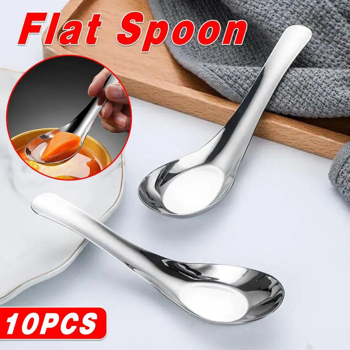 Premium SUS304 Stainless Steel Flat Bottom Soup Spoons – 10 Pack