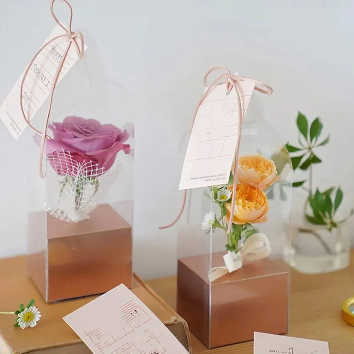 Premium 10 Pack Black Transparent PVC Flower Bouquet Gift Boxes 8x8x25cm