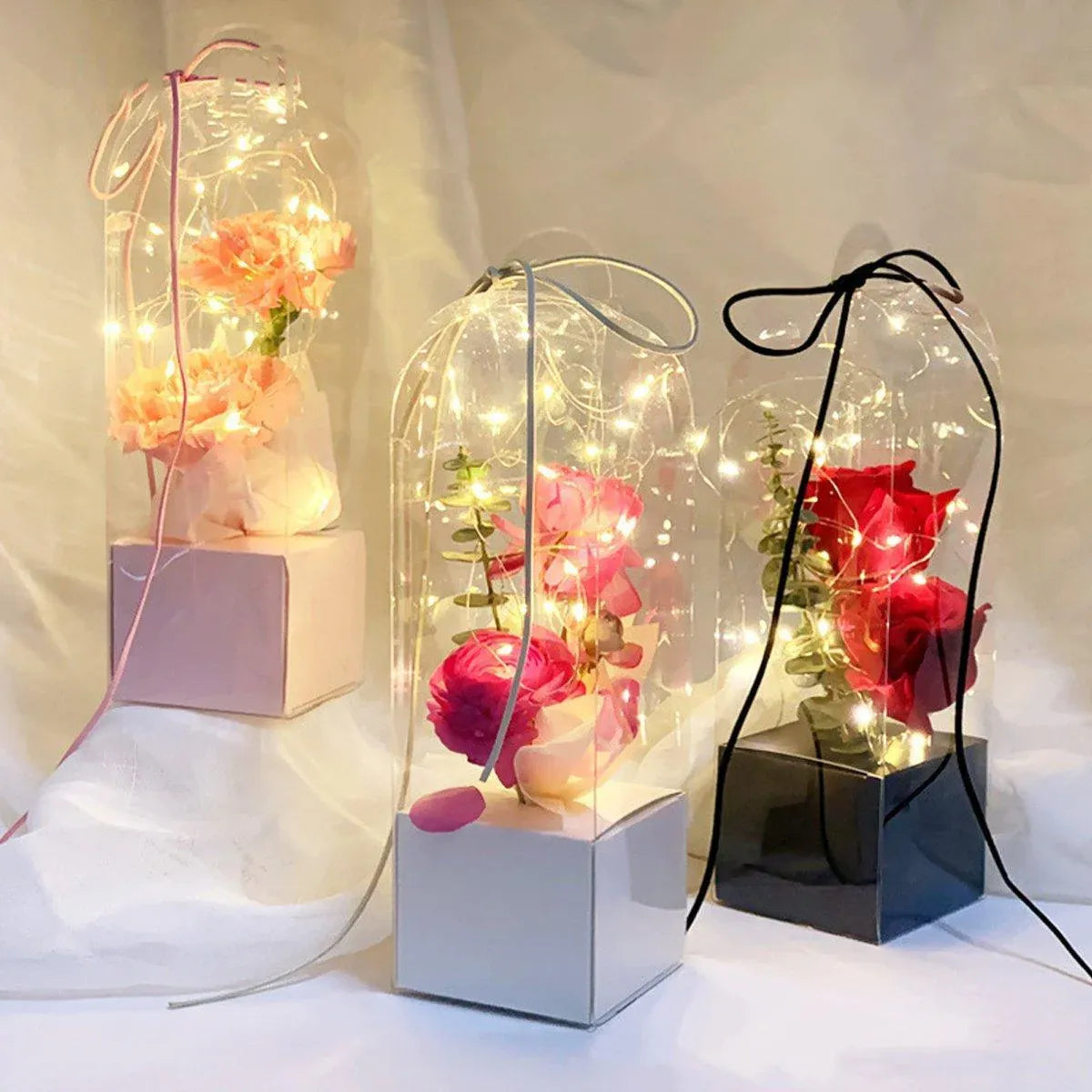 Premium 10 Pack Black Transparent PVC Flower Bouquet Gift Boxes 8x8x25cm