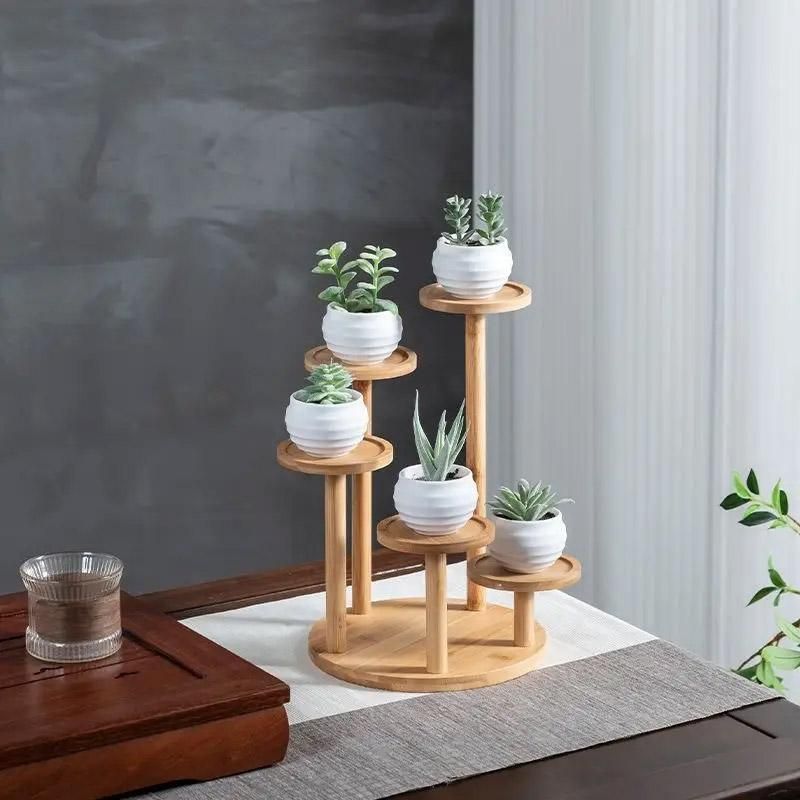 Premium Round Bamboo Tabletop Flower Stand – Multi-Tier Display Rack
