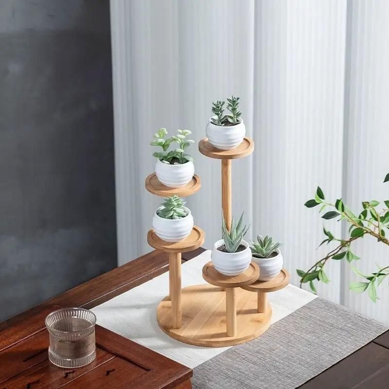 Premium Round Bamboo Tabletop Flower Stand – Multi-Tier Display Rack