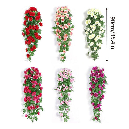 2PCS Artificial Rose Flower Garland Hanging Vine Home Wall Decor Fake Rattan - Rose Red