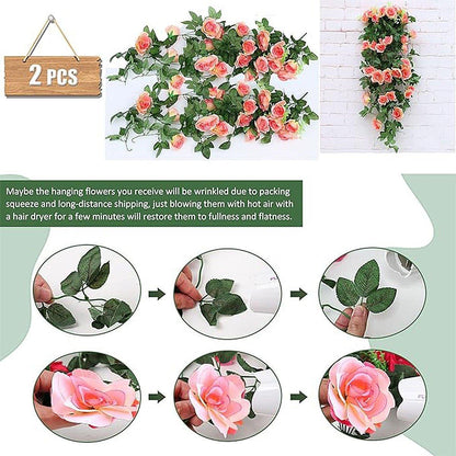 2PCS Artificial Rose Flower Garland Hanging Vine Home Wall Decor Fake Rattan - Rose Red