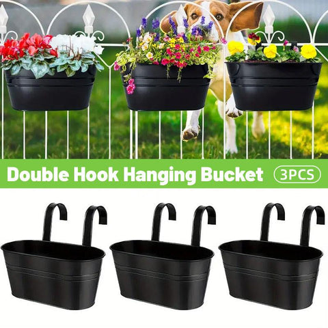 Premium Double Hook Hanging Planter Baskets – Black 3 Pack