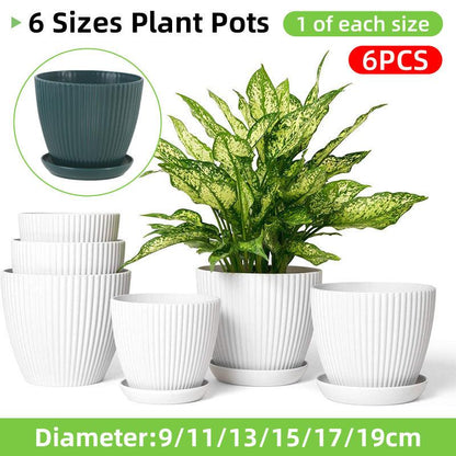 6PCS Simple Plastic Round Plant Pots Vertical Stripes Flower Pot Green Gardening - Green