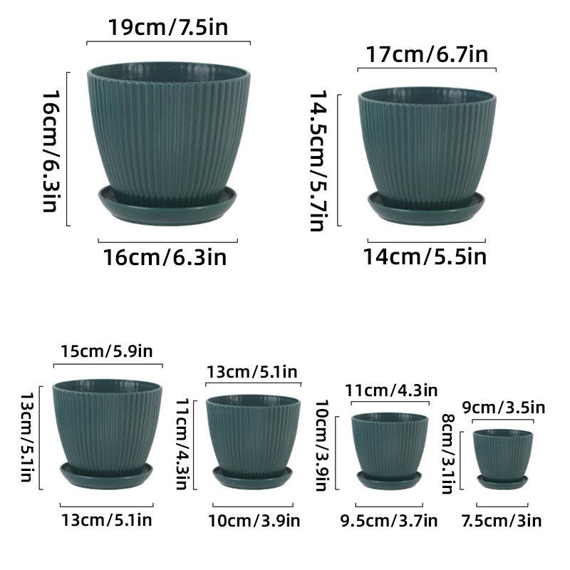 6PCS Simple Plastic Round Plant Pots Vertical Stripes Flower Pot Green Gardening - Green