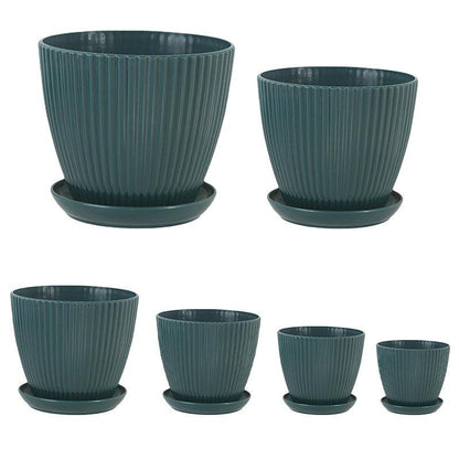 6PCS Simple Plastic Round Plant Pots Vertical Stripes Flower Pot Green Gardening - Green
