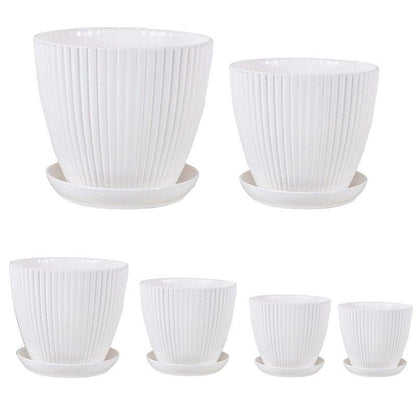 6PCS Simple Plastic Round Plant Pots Vertical Stripes Flower Pot Green Gardening - Green