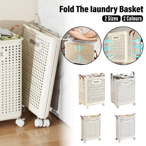 Premium Folding Laundry Basket with Wheels – Beige Medium