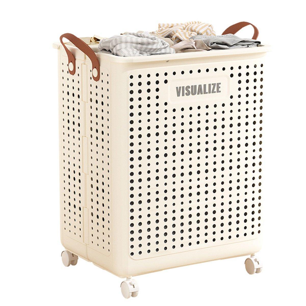 Premium Folding Laundry Basket with Wheels – Beige Medium