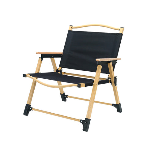 Premium Black Folding Camping Chair Outdoor Picnic Seat with Wooden Armrests