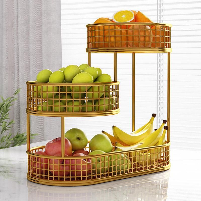 Premium Gold 3 Tier Metal Fruit Basket Snack Storage Rack Coffee Table Organiser