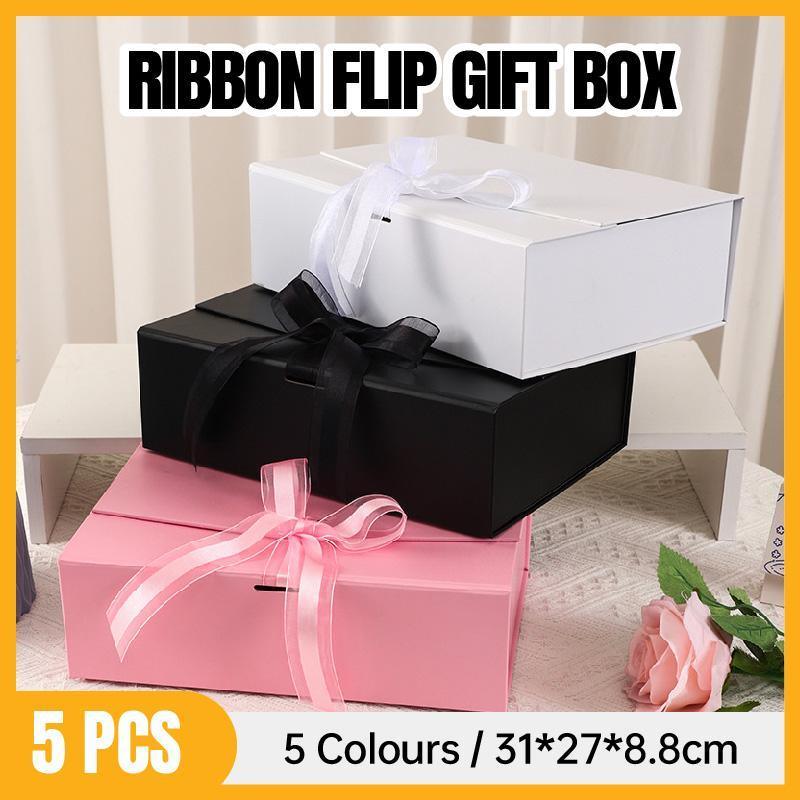 Premium Ribbon Flip Folding Gift Boxes – Black 5 Pack