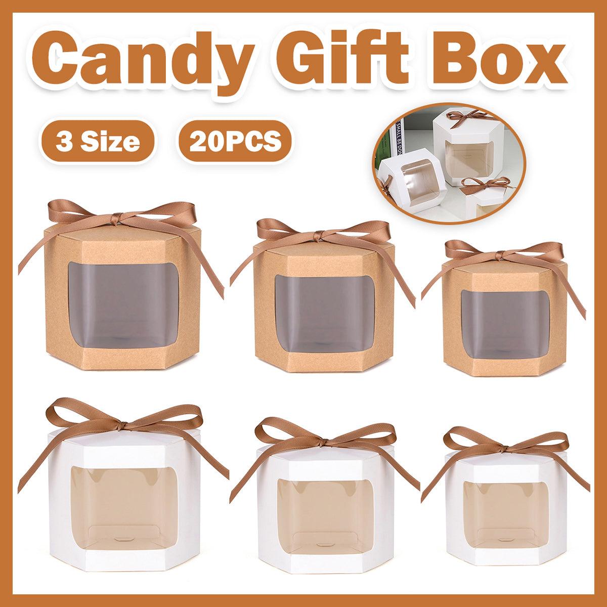 20x Kraft Gift Boxes Hexagonal Party Favor & Candy Packaging with Clear Window - Brown