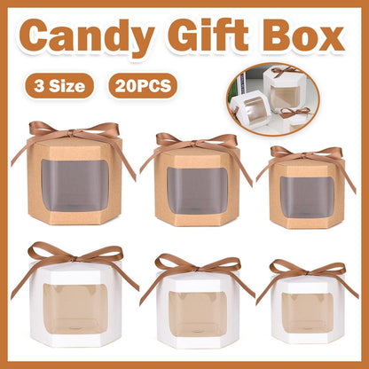 20x Kraft Gift Boxes Hexagonal Party Favor & Candy Packaging with Clear Window - Brown