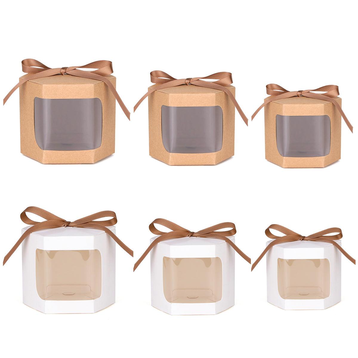 20x Kraft Gift Boxes Hexagonal Party Favor & Candy Packaging with Clear Window - Brown