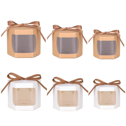 20x Kraft Gift Boxes Hexagonal Party Favor & Candy Packaging with Clear Window - Brown