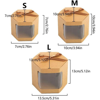 20x Kraft Gift Boxes Hexagonal Party Favor & Candy Packaging with Clear Window - Brown