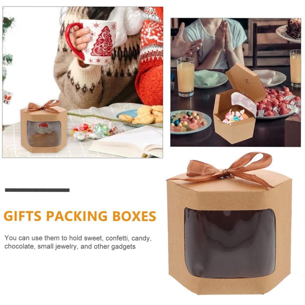 20x Kraft Gift Boxes Hexagonal Party Favor & Candy Packaging with Clear Window - Brown