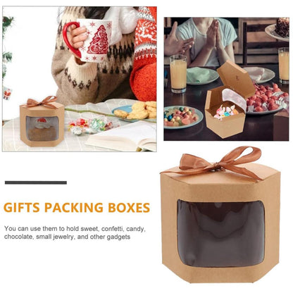 20x Kraft Gift Boxes Hexagonal Party Favor & Candy Packaging with Clear Window - Brown