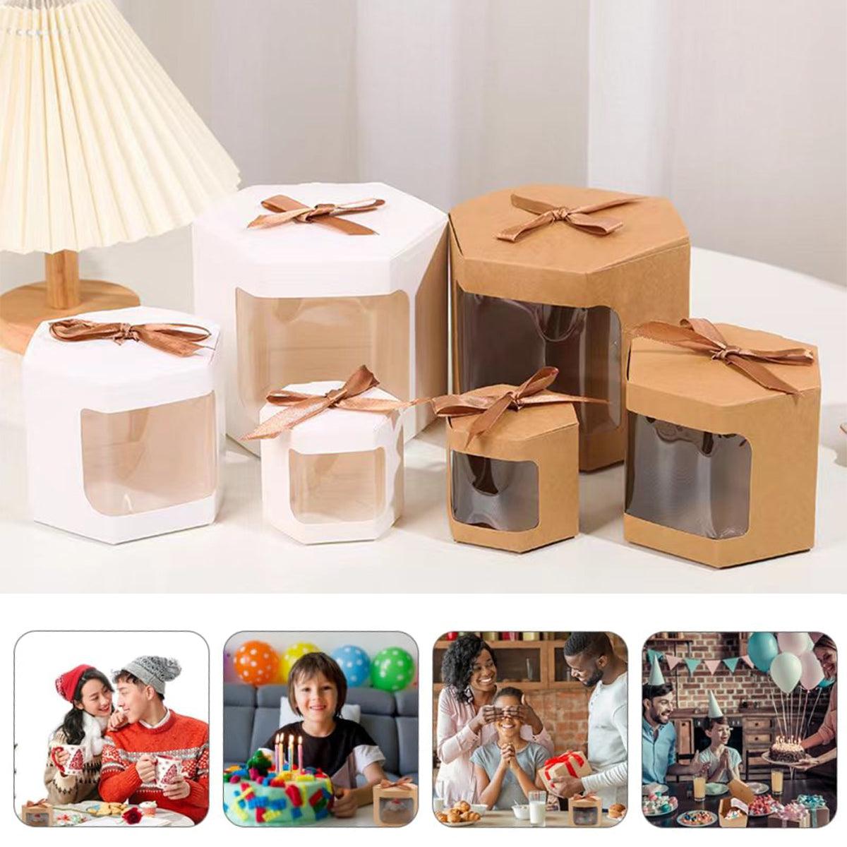 20x Kraft Gift Boxes Hexagonal Party Favor & Candy Packaging with Clear Window - Brown