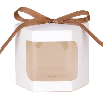 20x Kraft Gift Boxes Hexagonal Party Favor & Candy Packaging with Clear Window - Brown