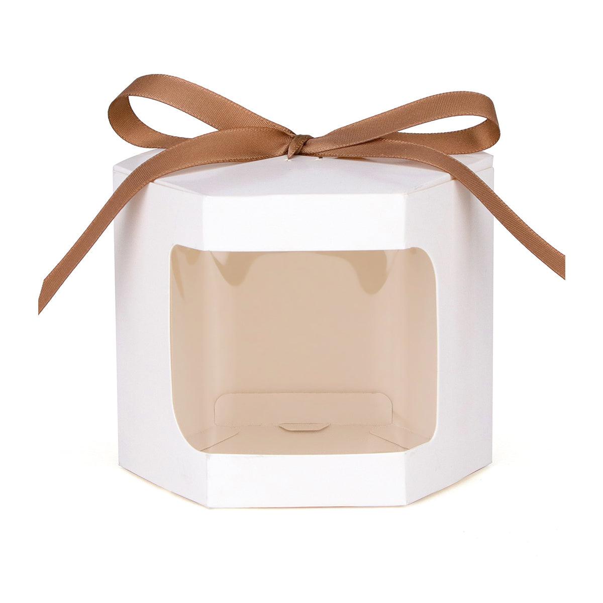 20x Kraft Gift Boxes Hexagonal Party Favor & Candy Packaging with Clear Window - Brown