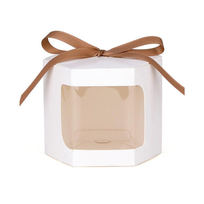 20x Kraft Gift Boxes Hexagonal Party Favor & Candy Packaging with Clear Window - Brown
