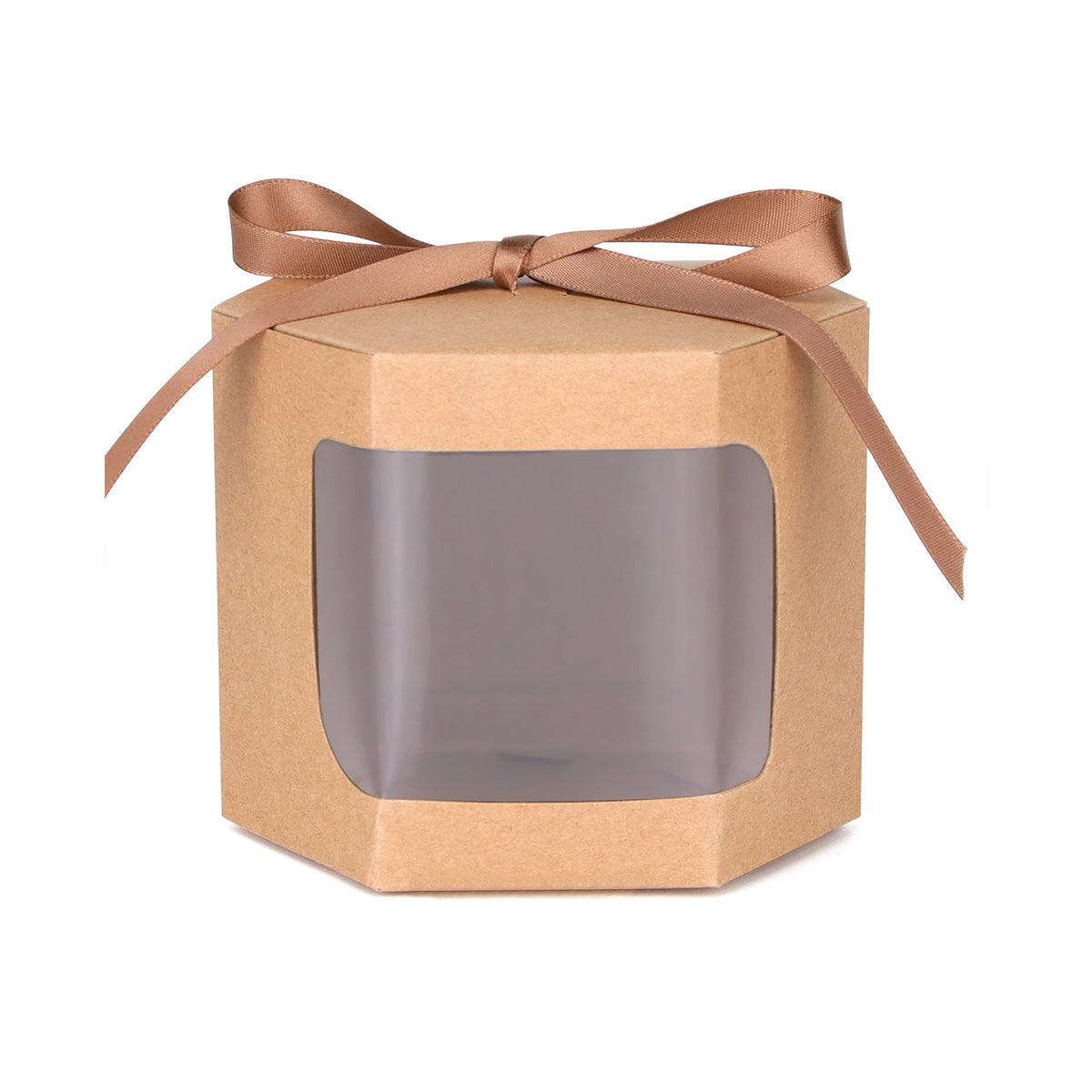 20x Kraft Gift Boxes Hexagonal Party Favor & Candy Packaging with Clear Window - Brown