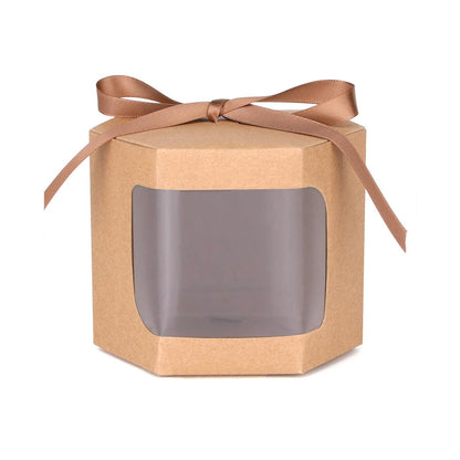 20x Kraft Gift Boxes Hexagonal Party Favor & Candy Packaging with Clear Window - Brown